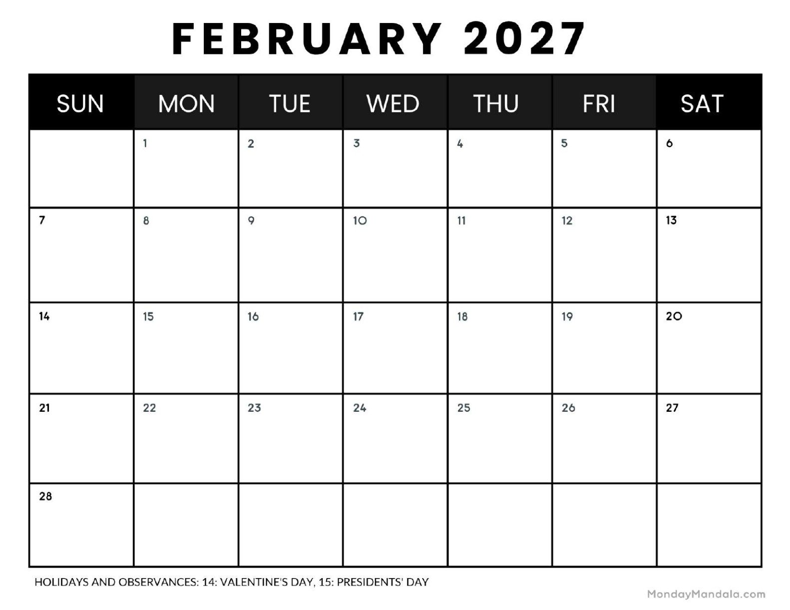 February 2027 Calendar Printable Business 4 Landscape