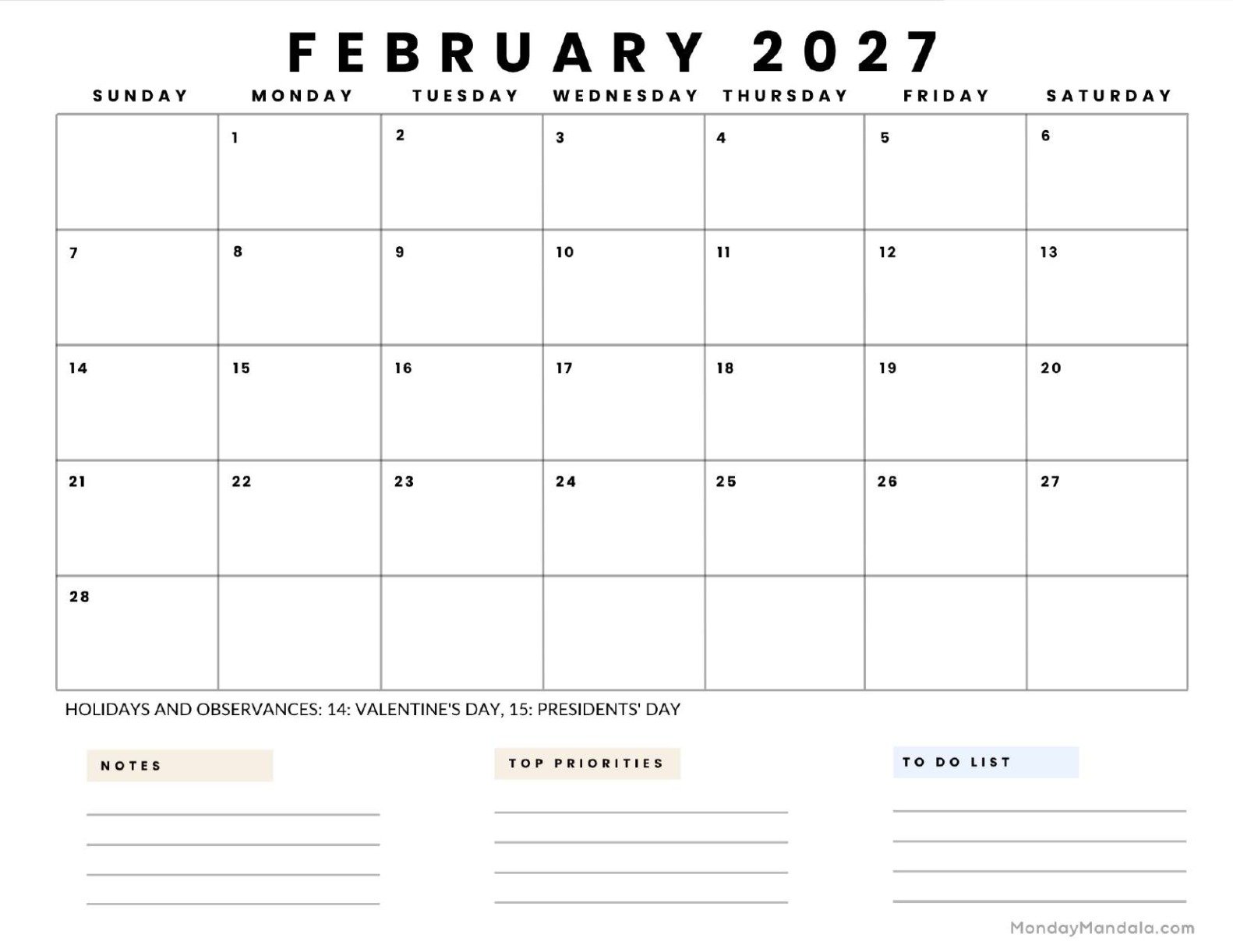 February 2027 Calendar Printable Business 5 Landscape