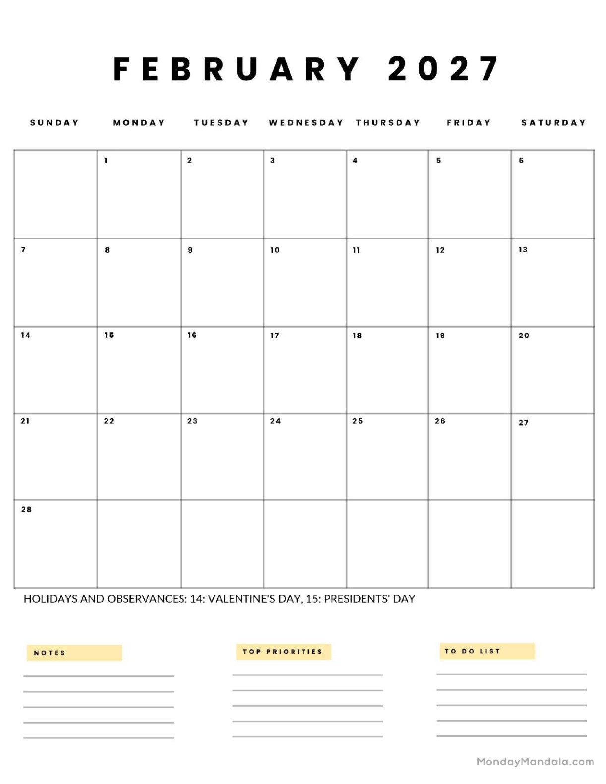 February 2027 Calendar Printable Business 5 Portrait