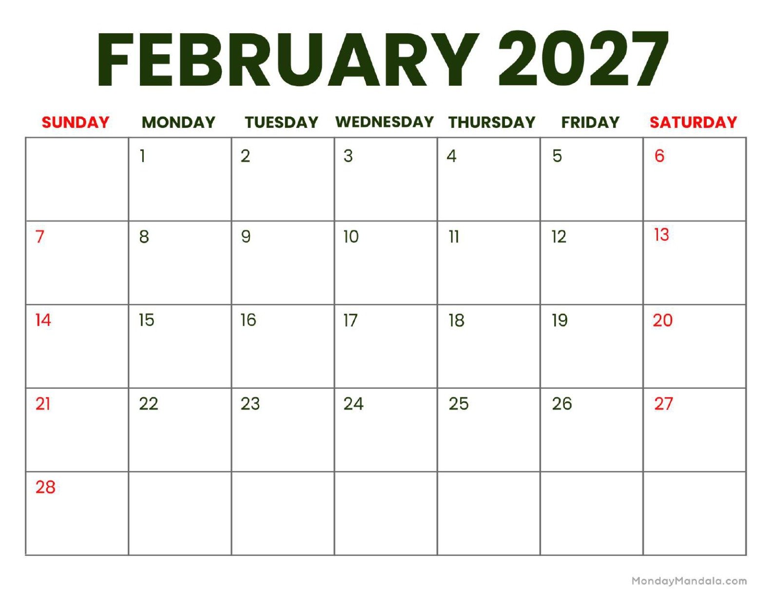 February 2027 Calendar Printable Business Landscape