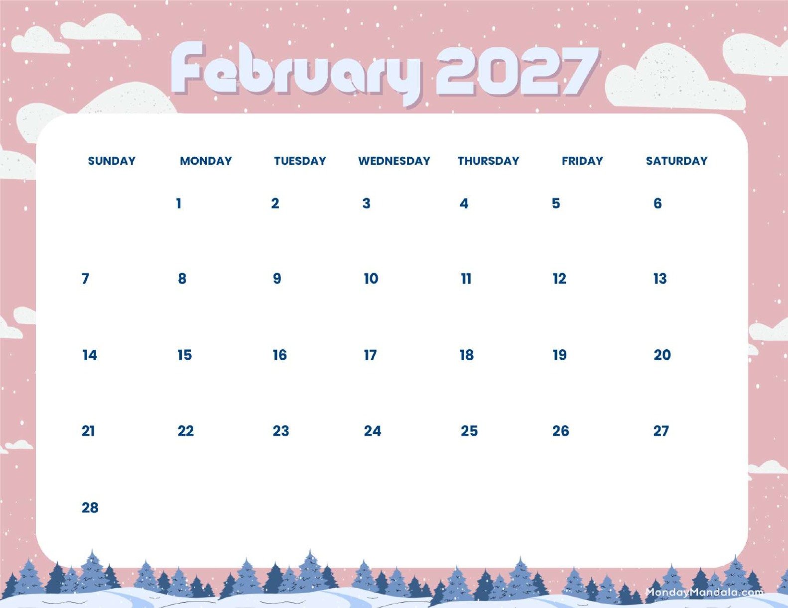 February 2027 Calendar Printable Cloudy Landscape