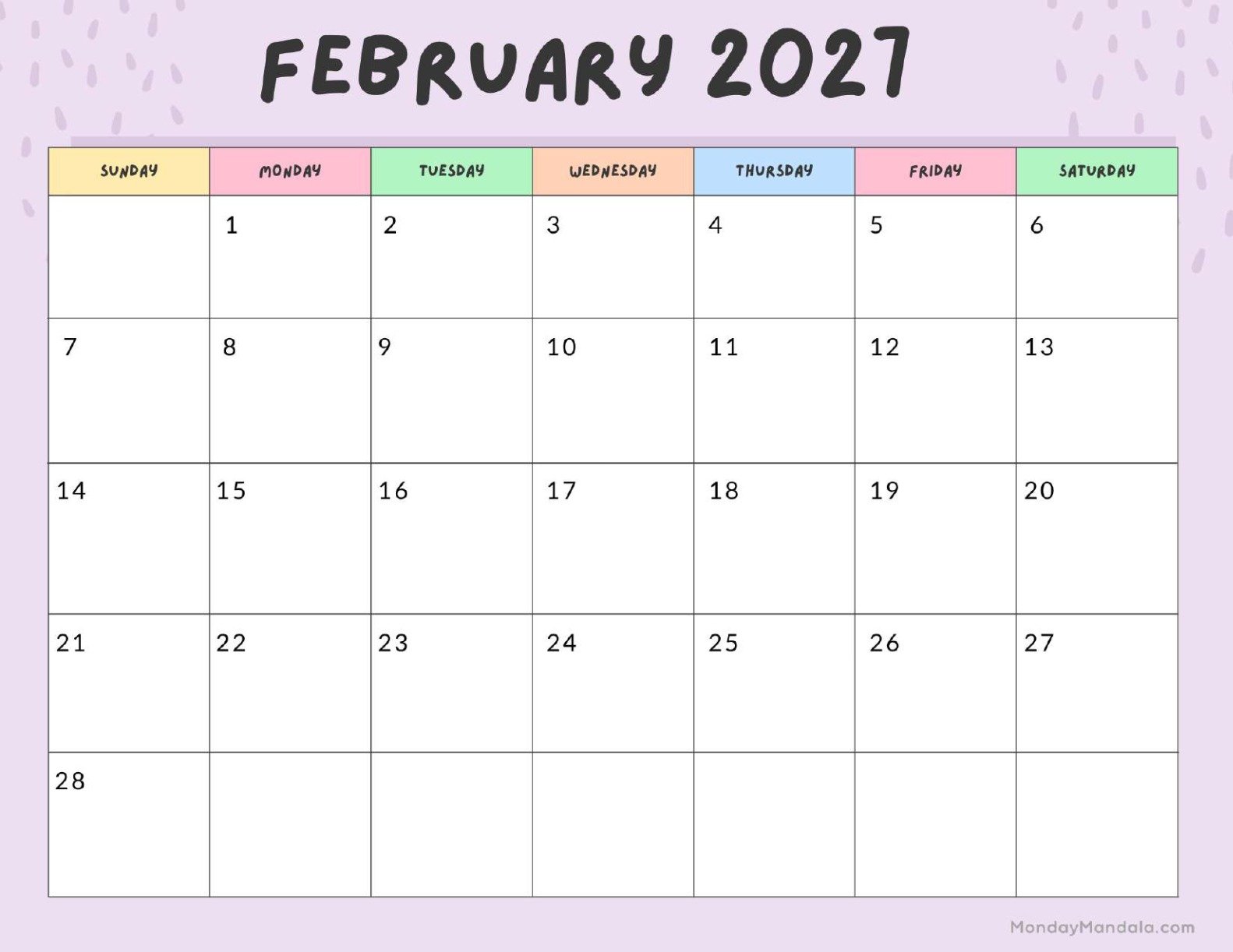February 2027 Calendar Printable Colorful Landscape