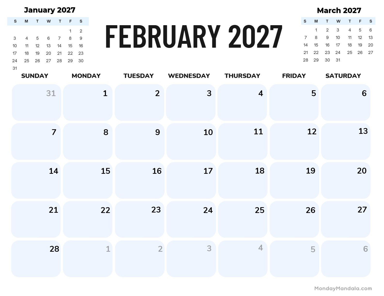February 2027 Calendar Printable Corporate 2 Landscape