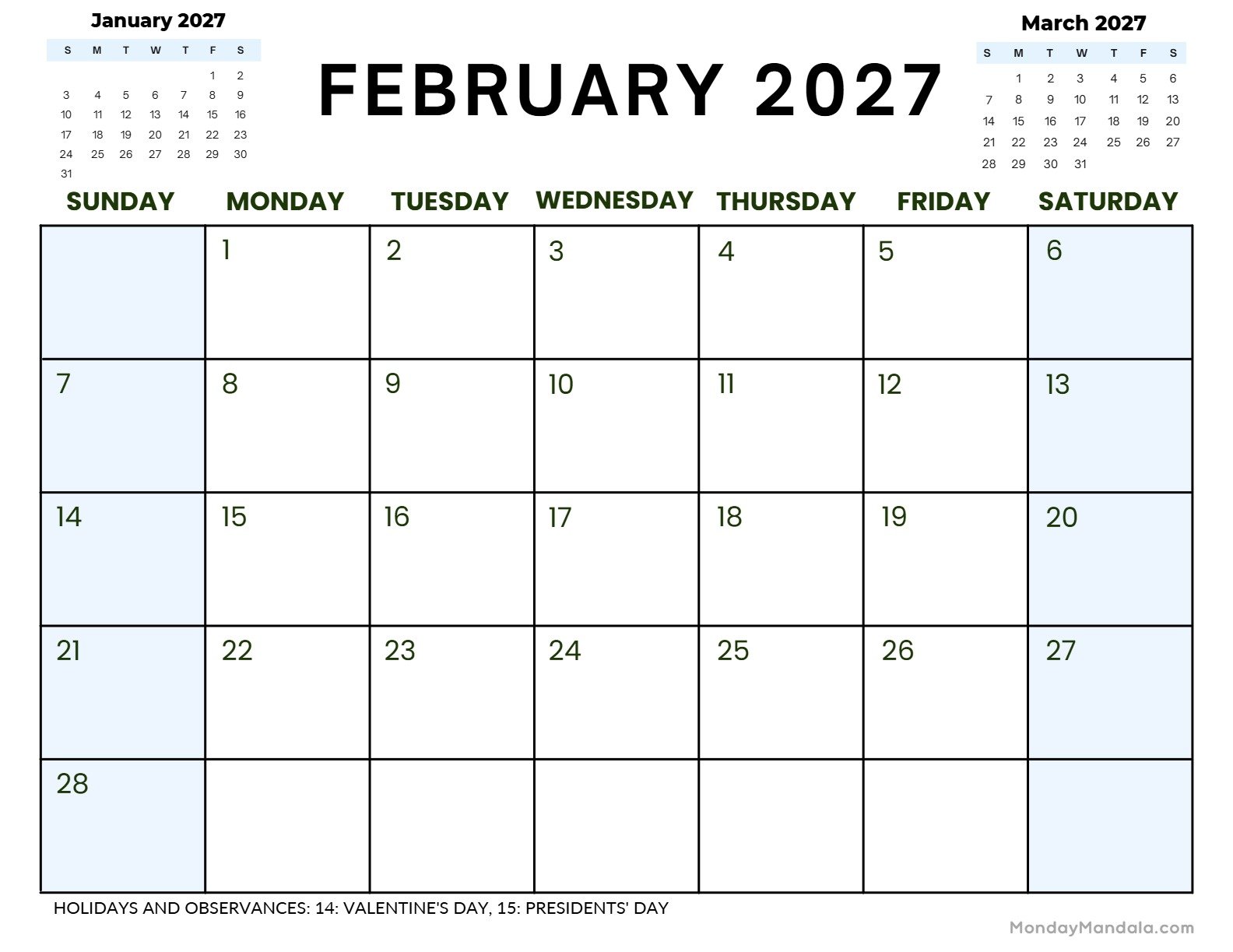 February 2027 Calendar Printable Corporate Landscape