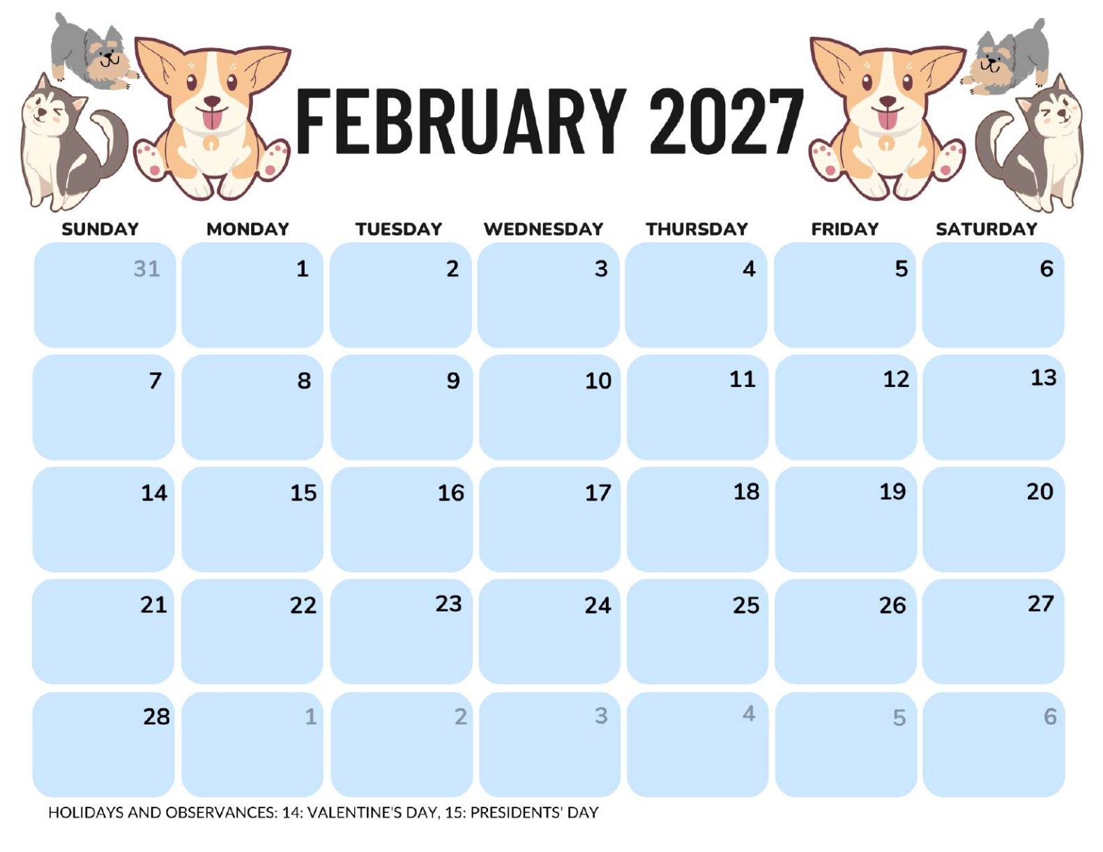 February 2027 Calendar Printable Dogs Landscape