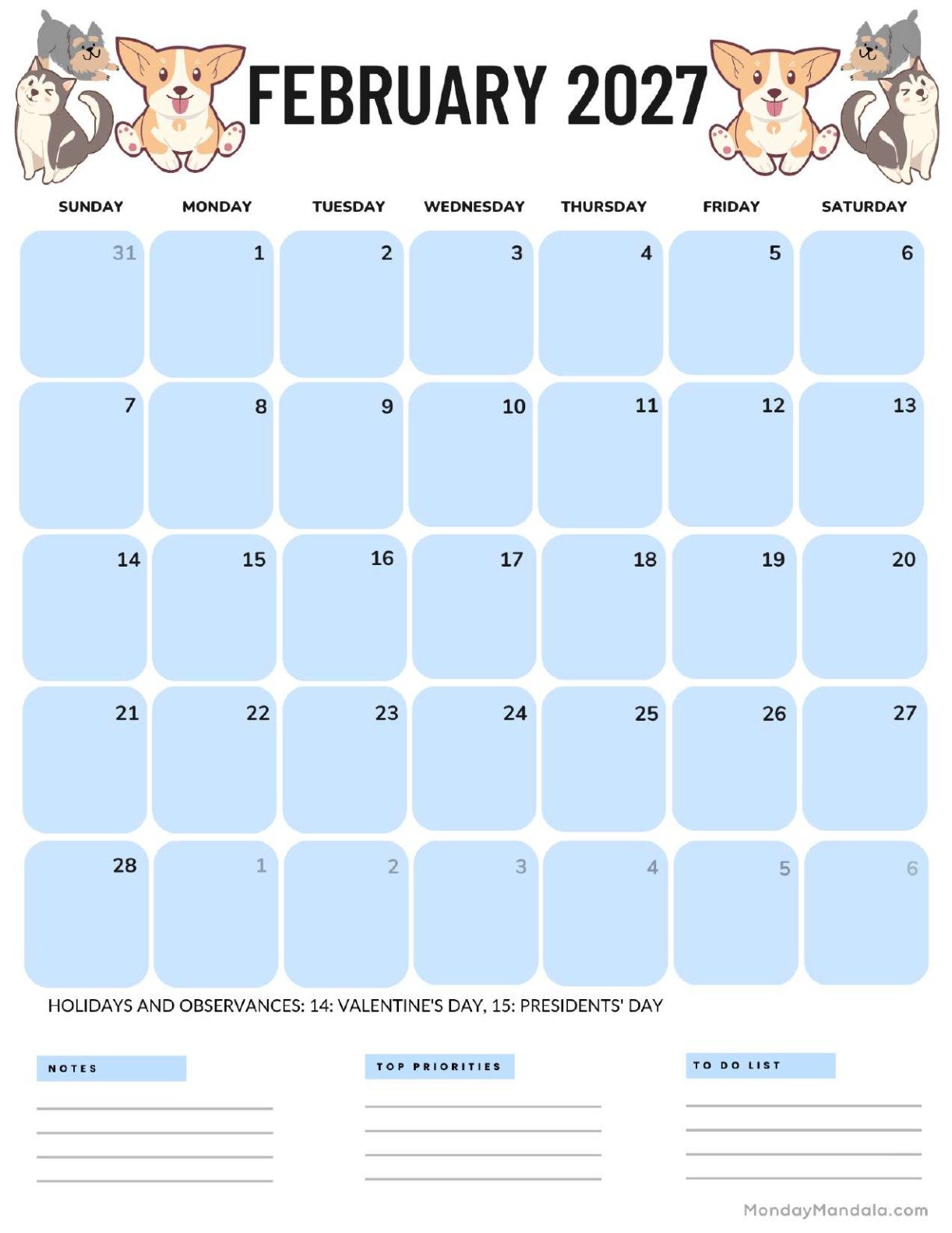 February 2027 Calendar Printable Dogs Portrait