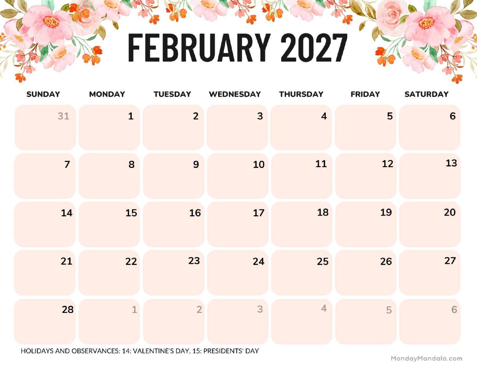 February 2027 Calendar Printable Flowers Landscape