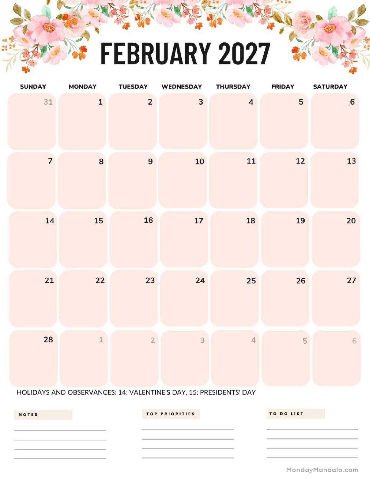 February 2027 Calendar Printable Flowers Portrait