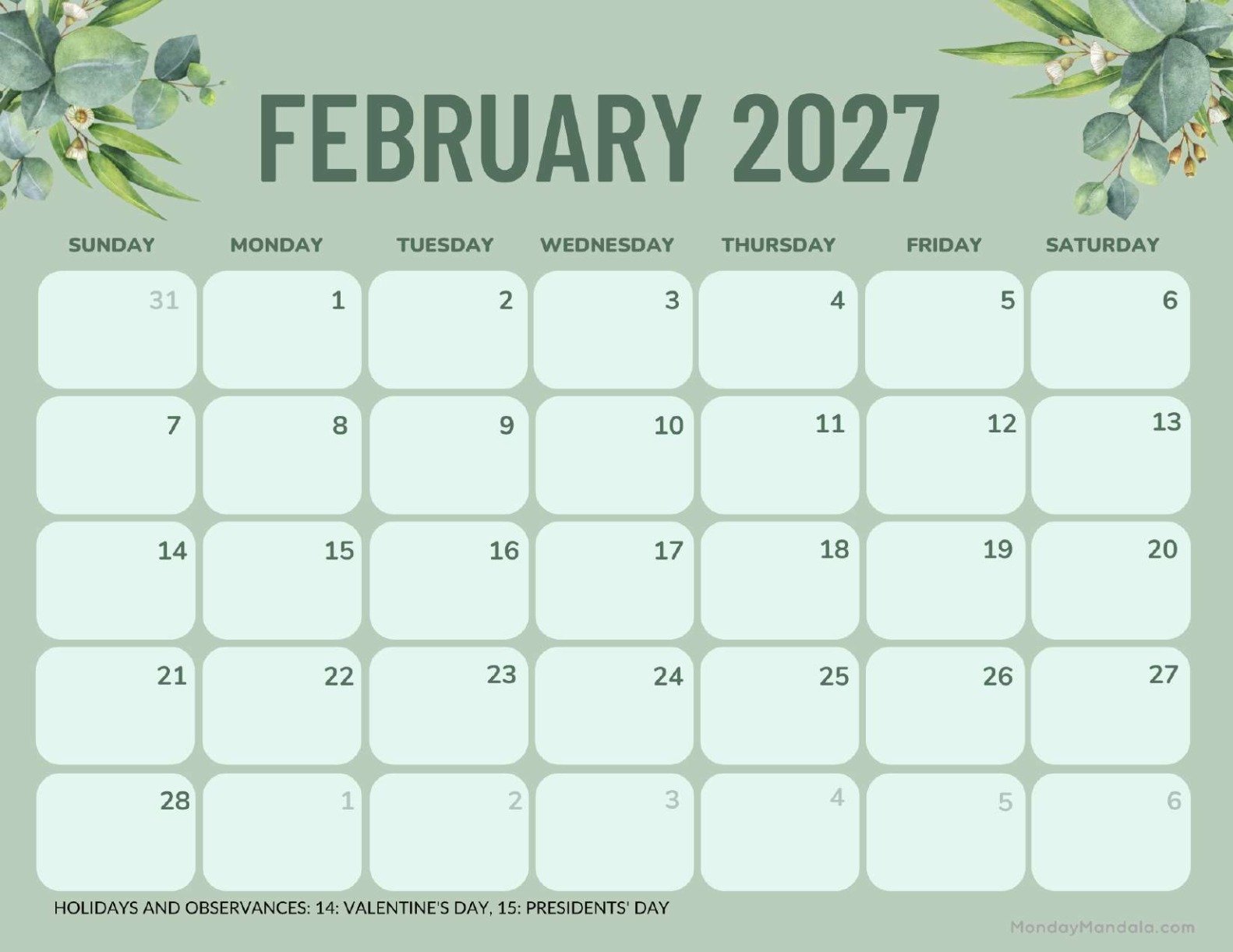 February 2027 Calendar Printable Green Landscape