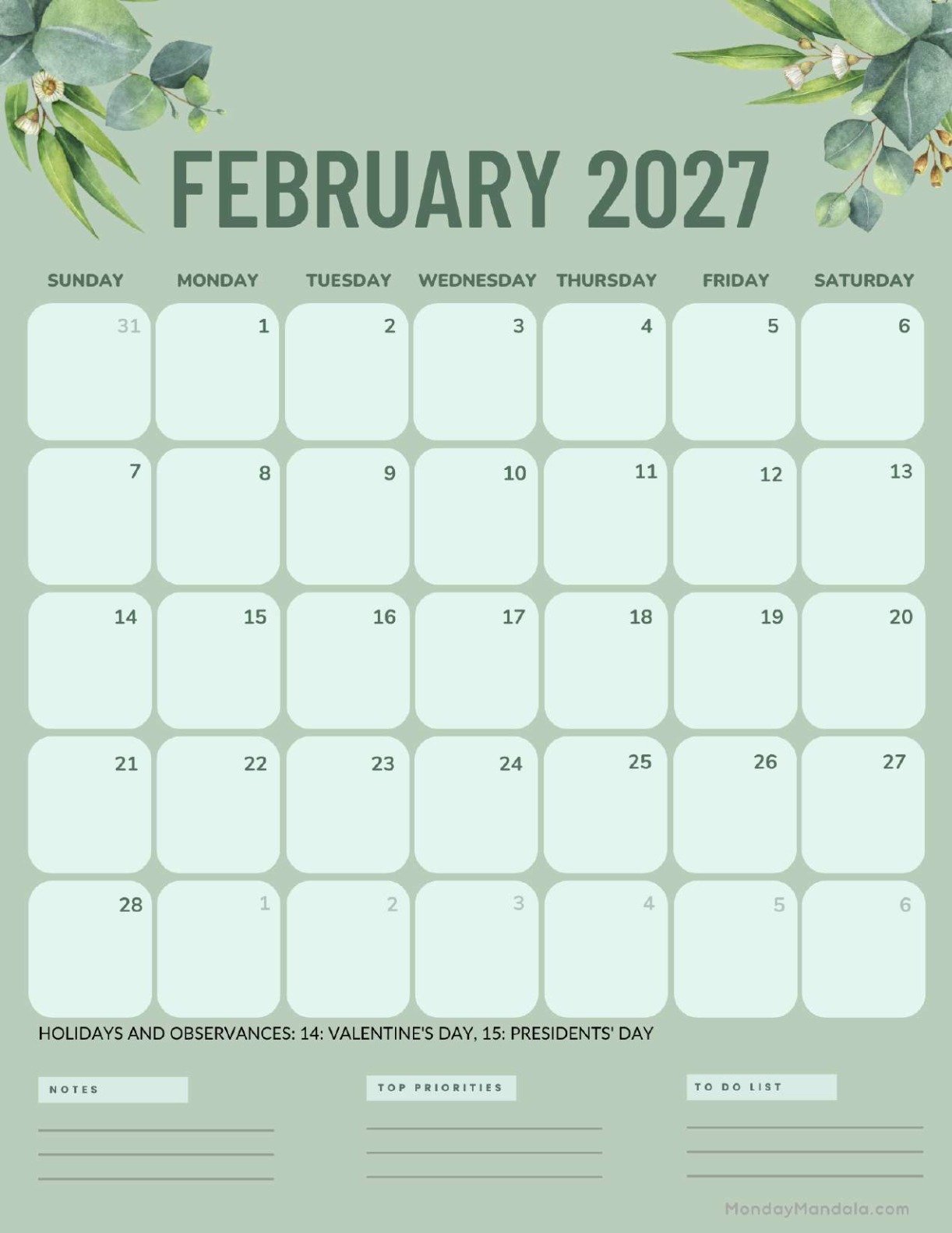 February 2027 Calendar Printable Green Portrait