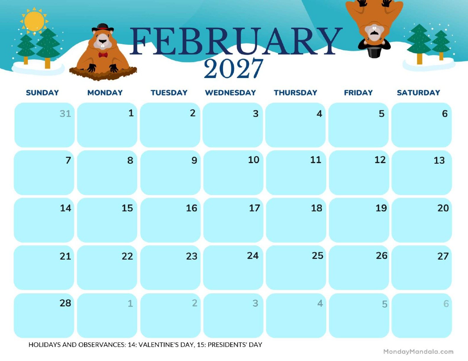 February 2027 Calendar Printable Groundhog Day 2 Landscape