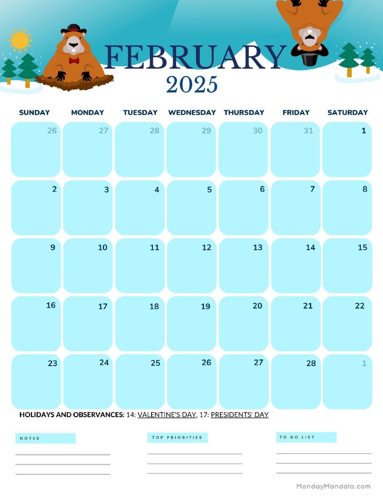 February 2027 Calendar Printable Groundhog Day 2 Portrait