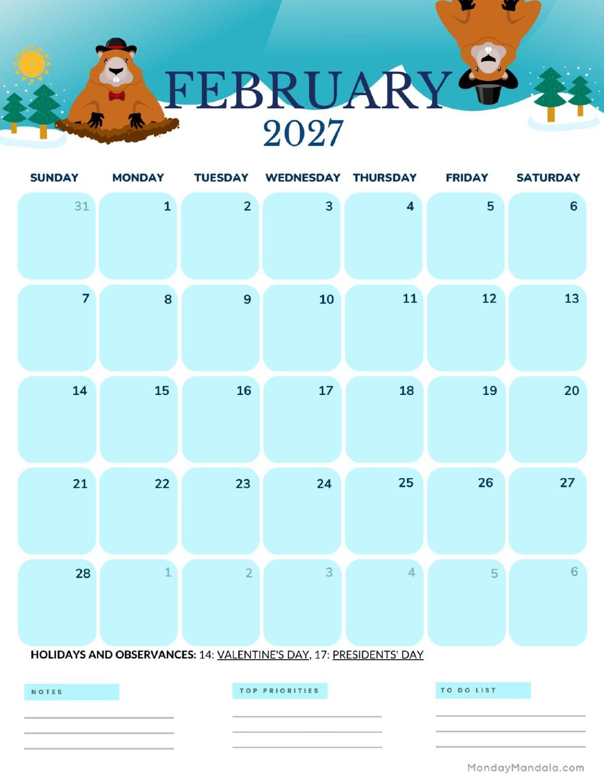 February 2027 Calendar Printable Groundhog Day 2 Portraitv2