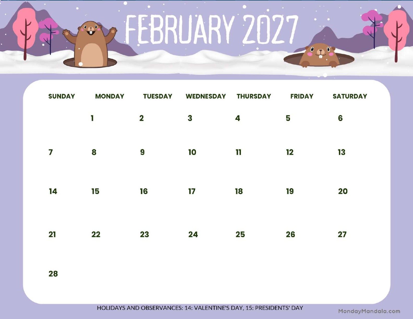 February 2027 Calendar Printable Groundhog Day Landscape