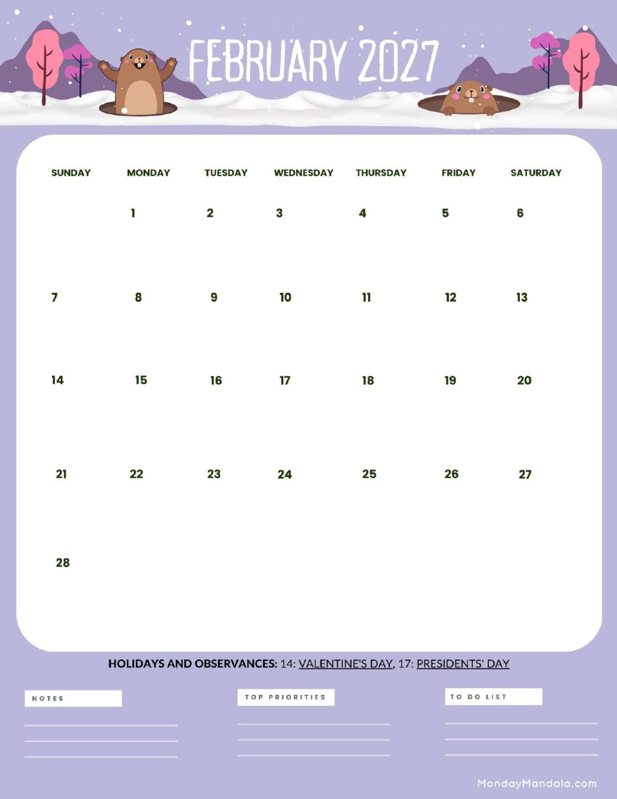 February 2027 Calendar Printable Groundhog Day Portraitv2