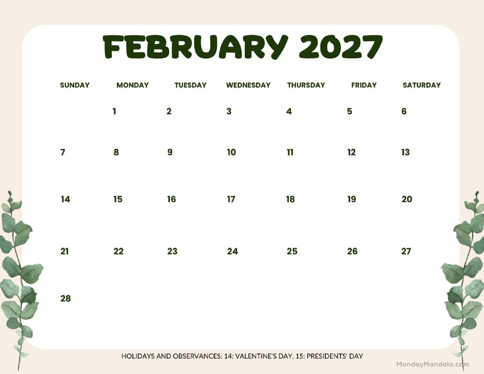 February 2027 Calendar Printable Leaves Landscape