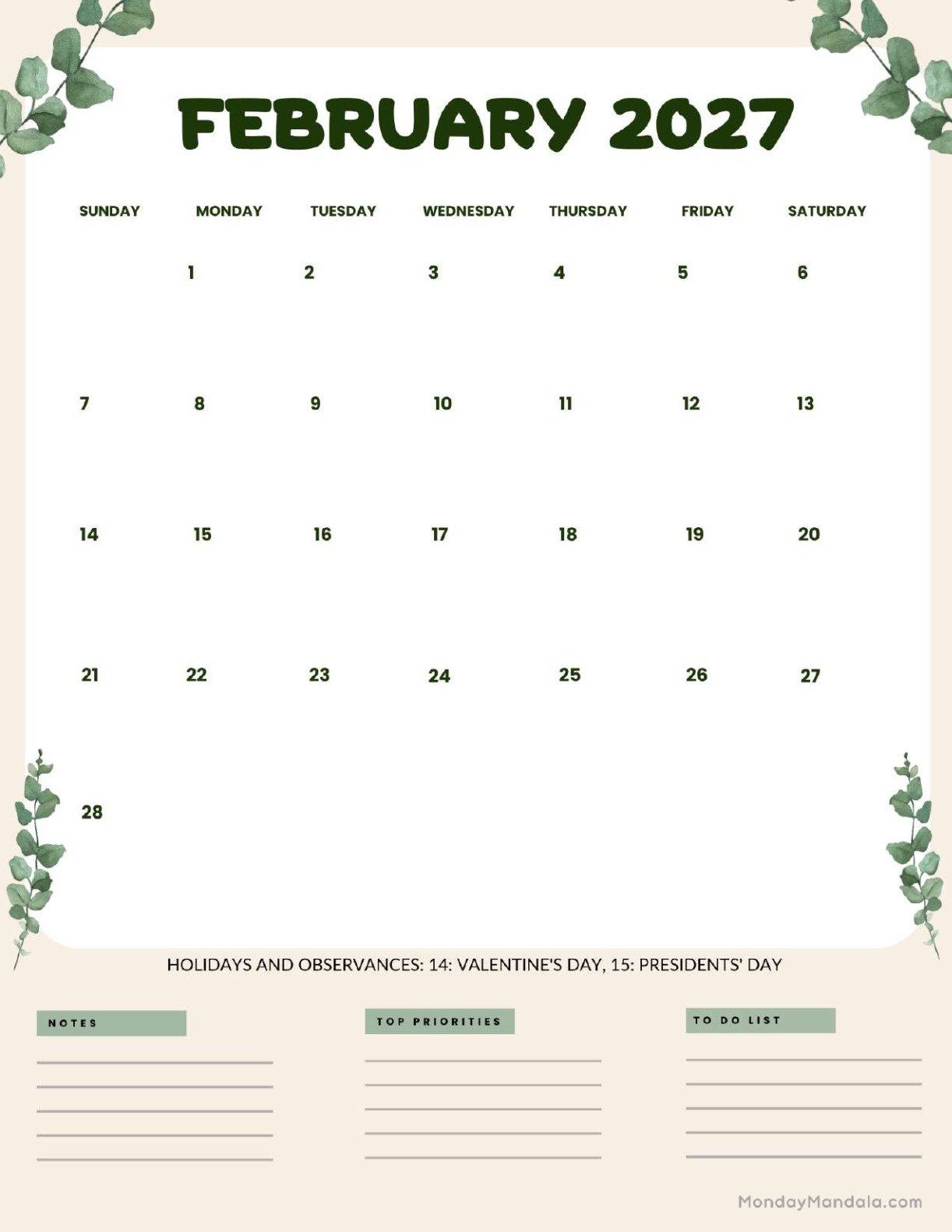 February 2027 Calendar Printable Leaves Portrait