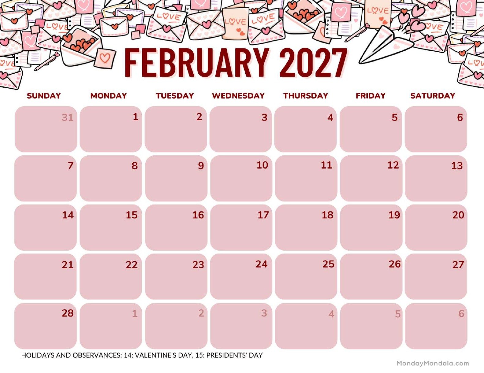 February 2027 Calendar Printable Mail Landscape