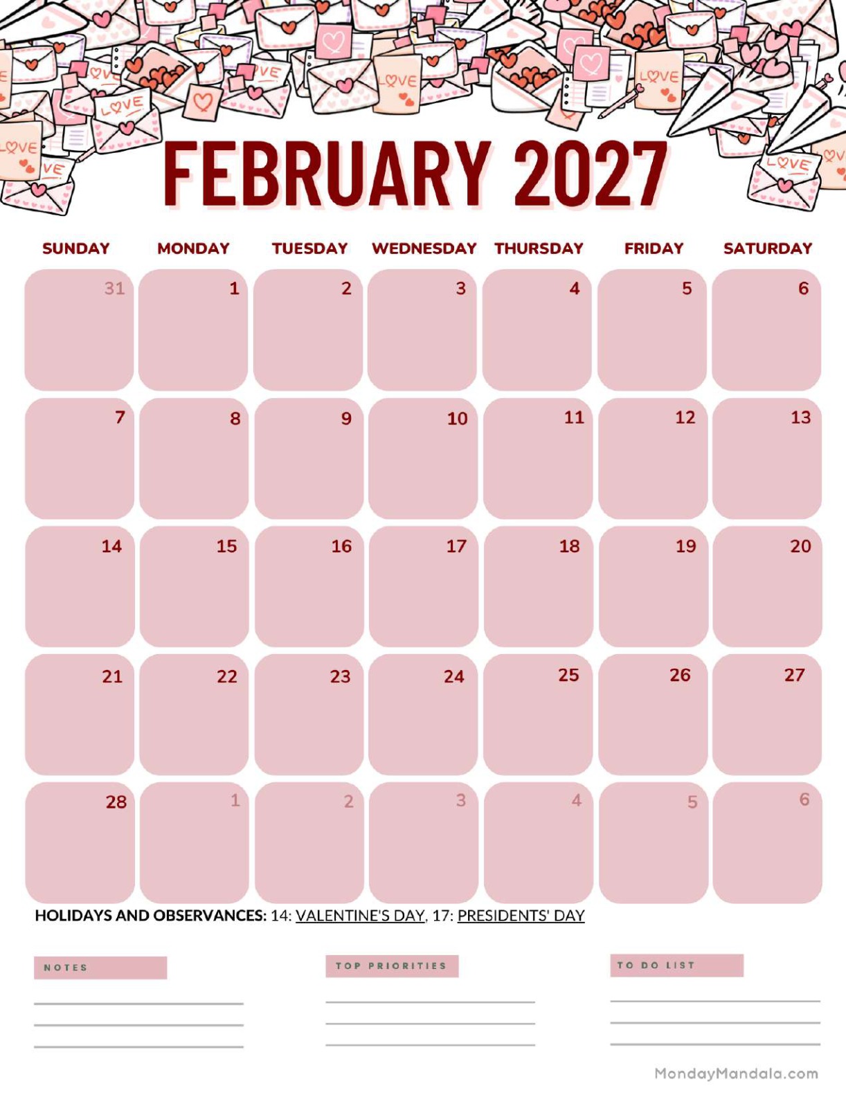 February 2027 Calendar Printable Mail Portraitv2