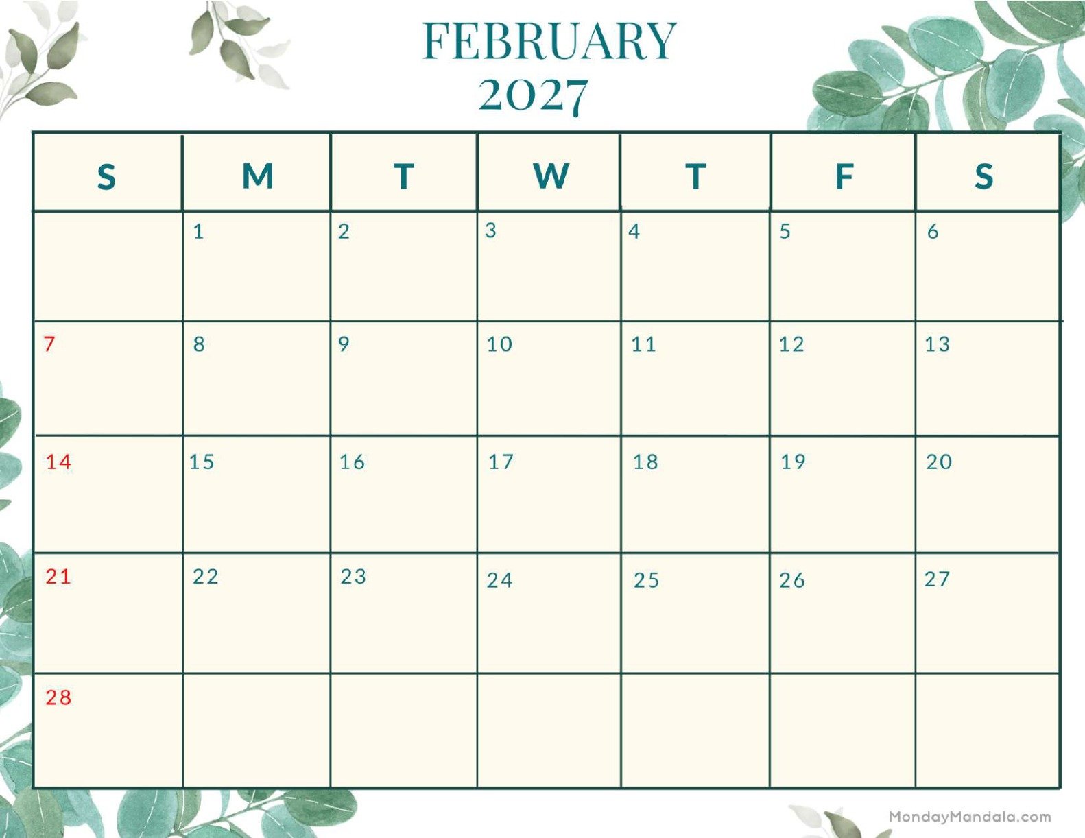 February 2027 Calendar Printable Nature Landscape