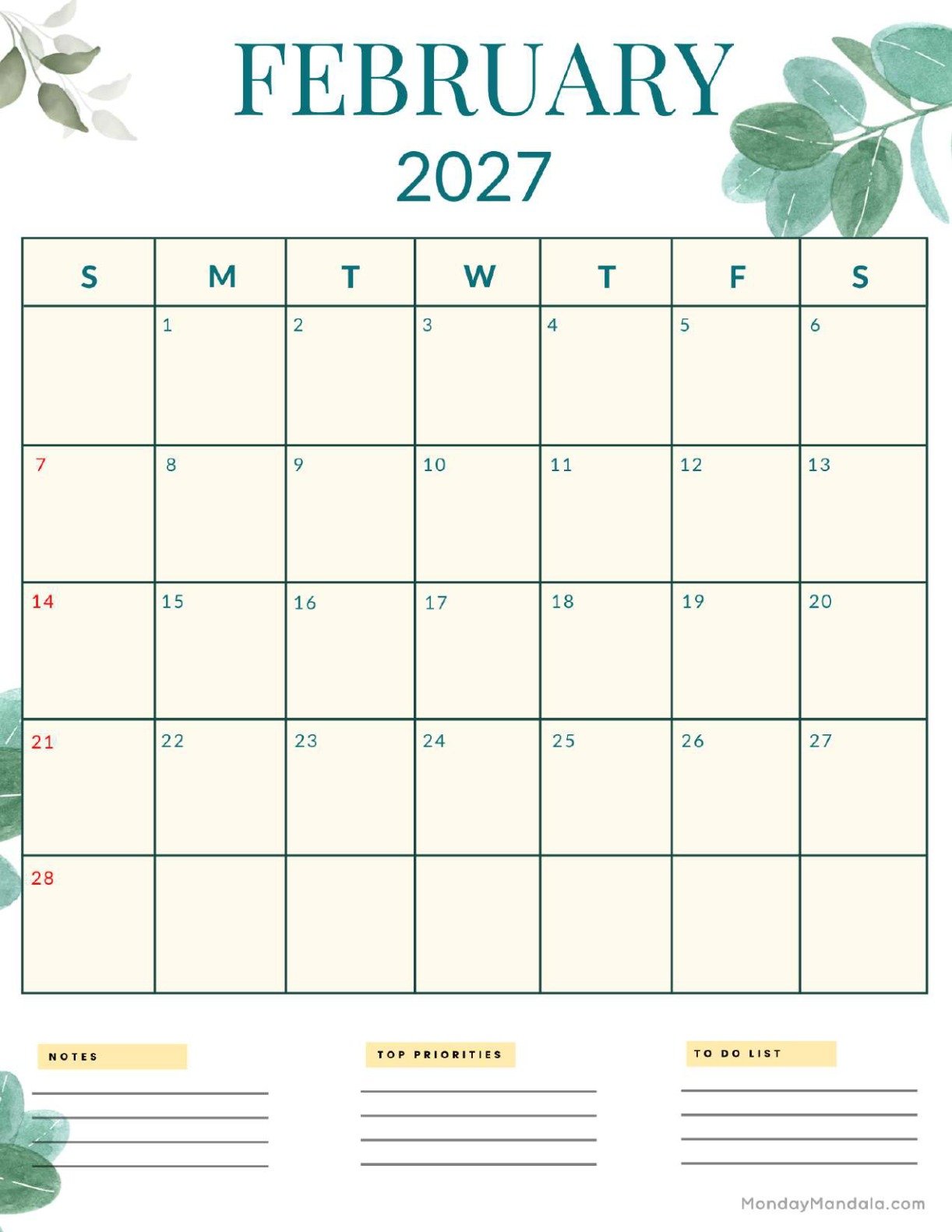 February 2027 Calendar Printable Nature Portrait