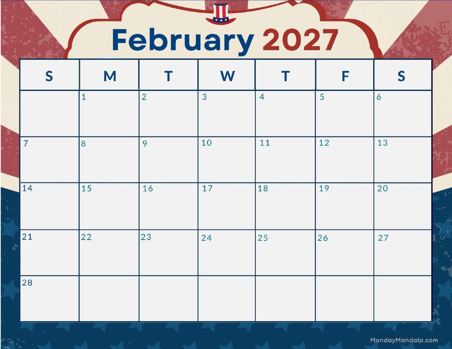 February 2027 Calendar Printable President’s Day 2 Landscape