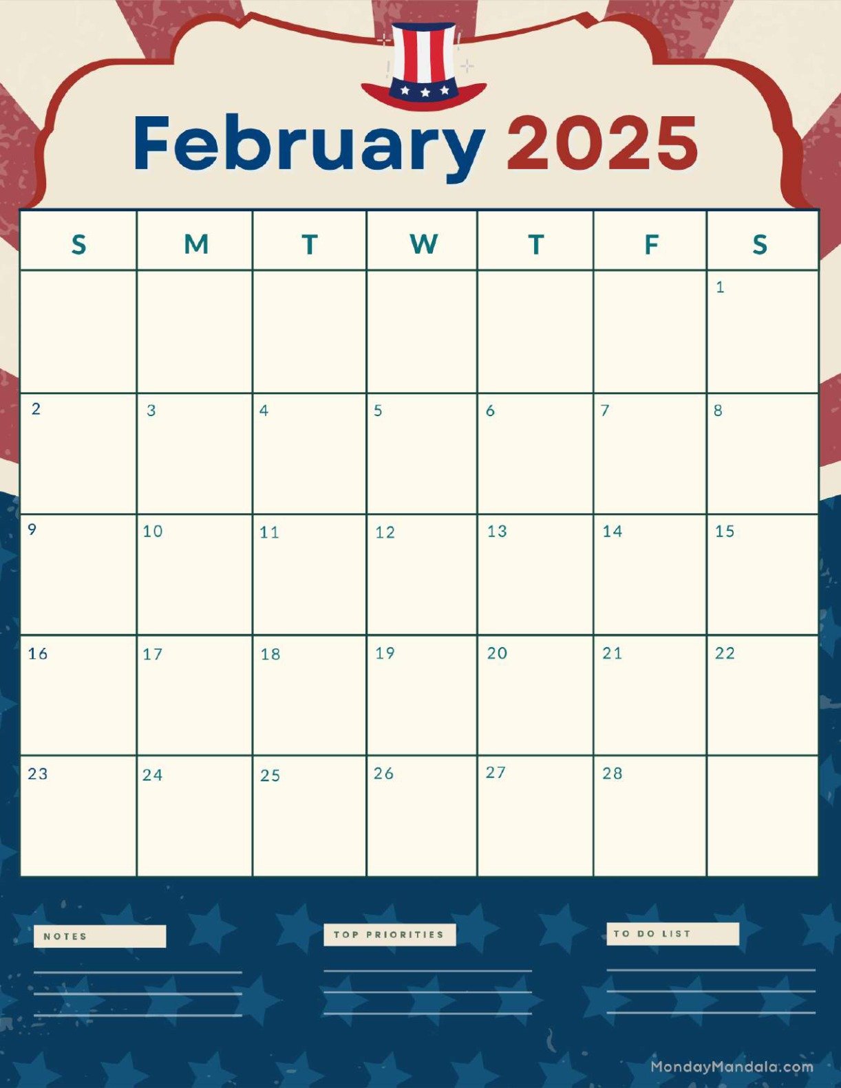 February 2027 Calendar Printable President’s Day 2 Portrait