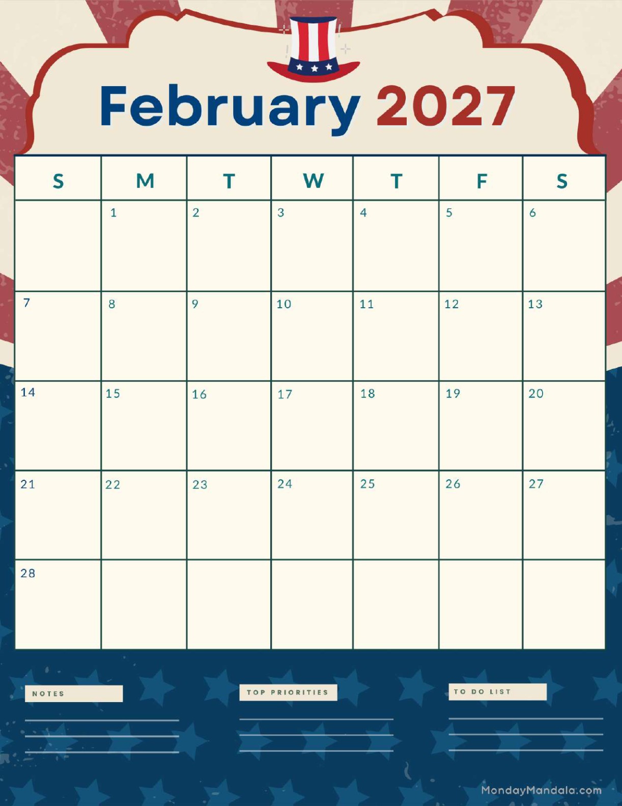 February 2027 Calendar Printable President’s Day 2 Portraitv2