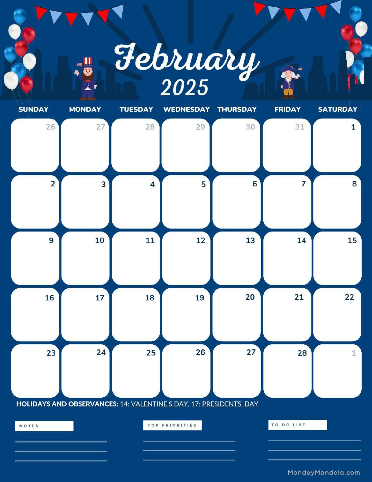 February 2027 Calendar Printable President’s Day Portrait
