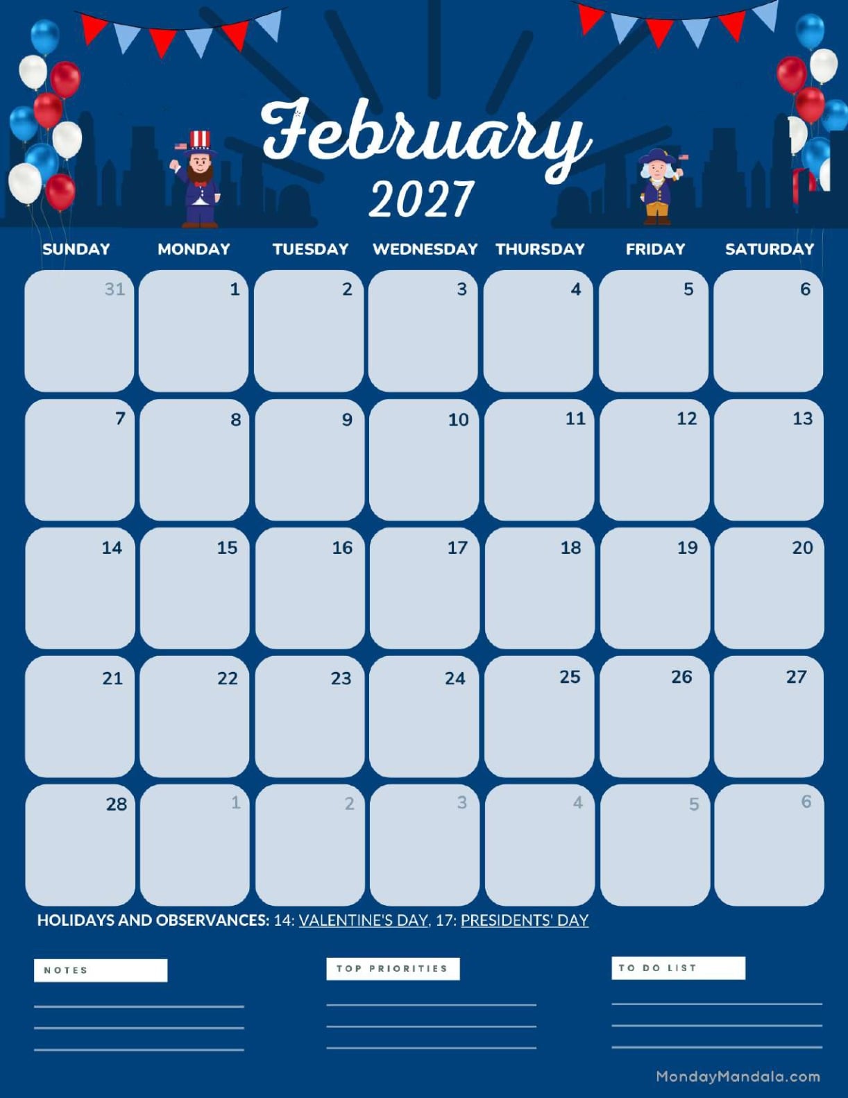 February 2027 Calendar Printable President’s Day Portraitv2