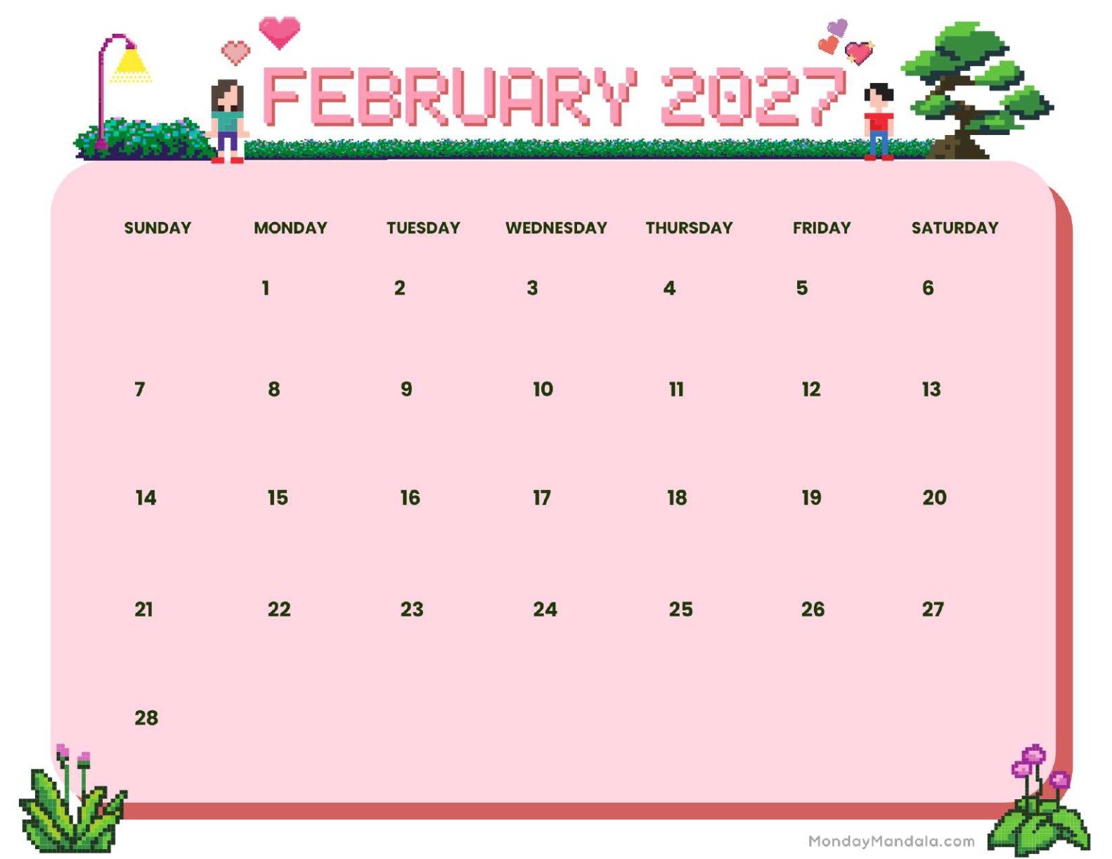 February 2027 Calendar Printable Retro Landscape