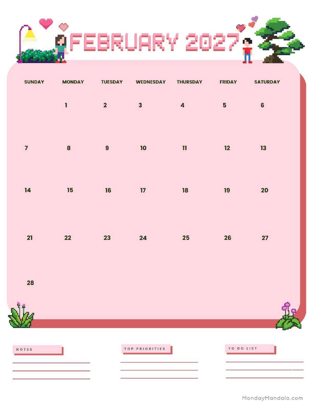 February 2027 Calendar Printable Retro Portraitv2