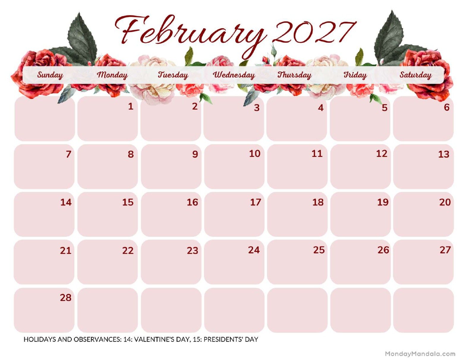 February 2027 Calendar Printable Roses Landscape