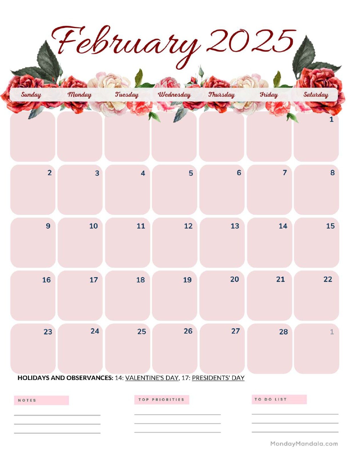 February 2027 Calendar Printable Roses Portrait