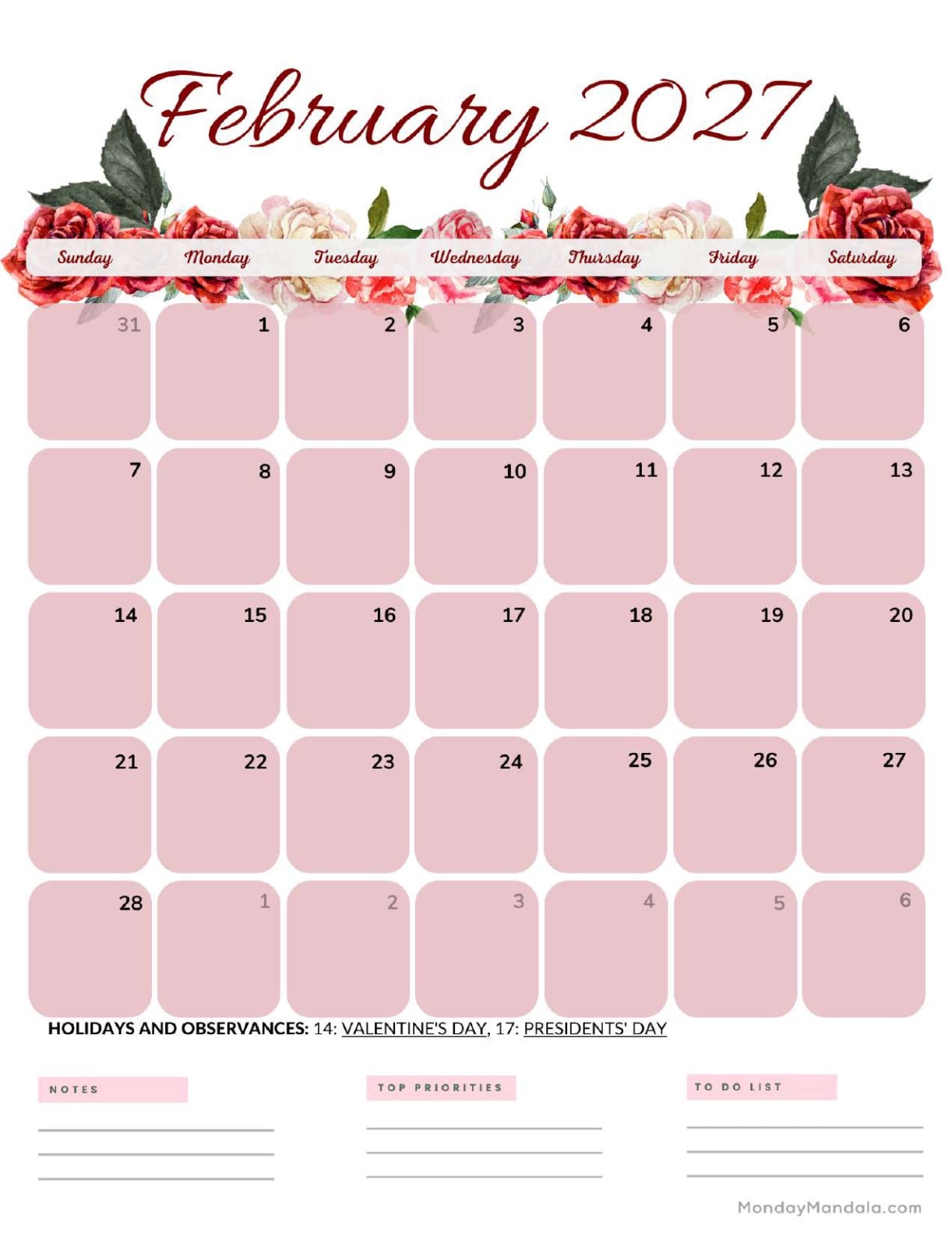 February 2027 Calendar Printable Roses Portraitv2