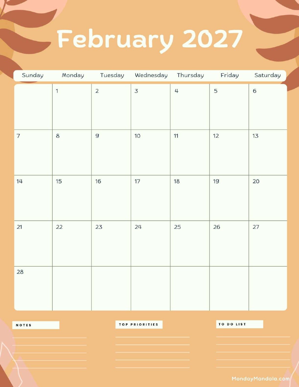 February 2027 Calendar Printable Terracotta Portrait