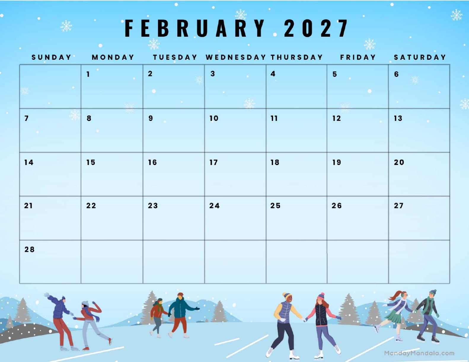 February 2027 Calendar Printable Winter Landscape