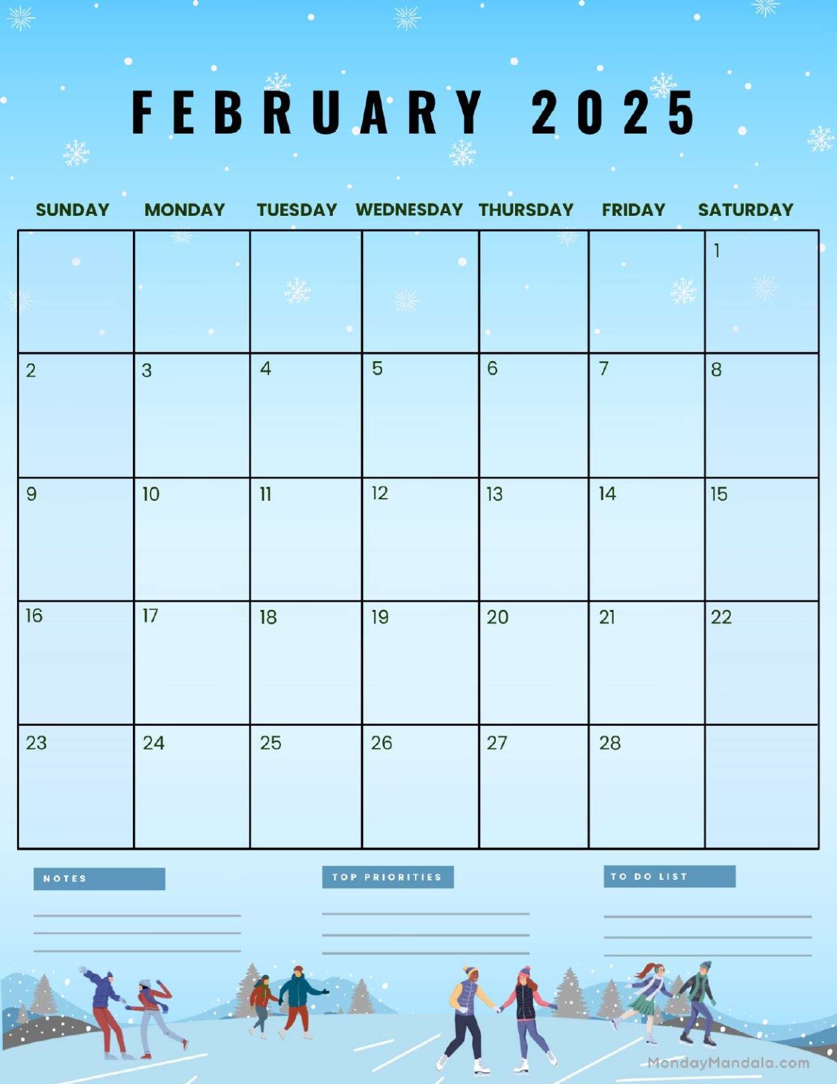 February 2027 Calendar Printable Winter Portrait