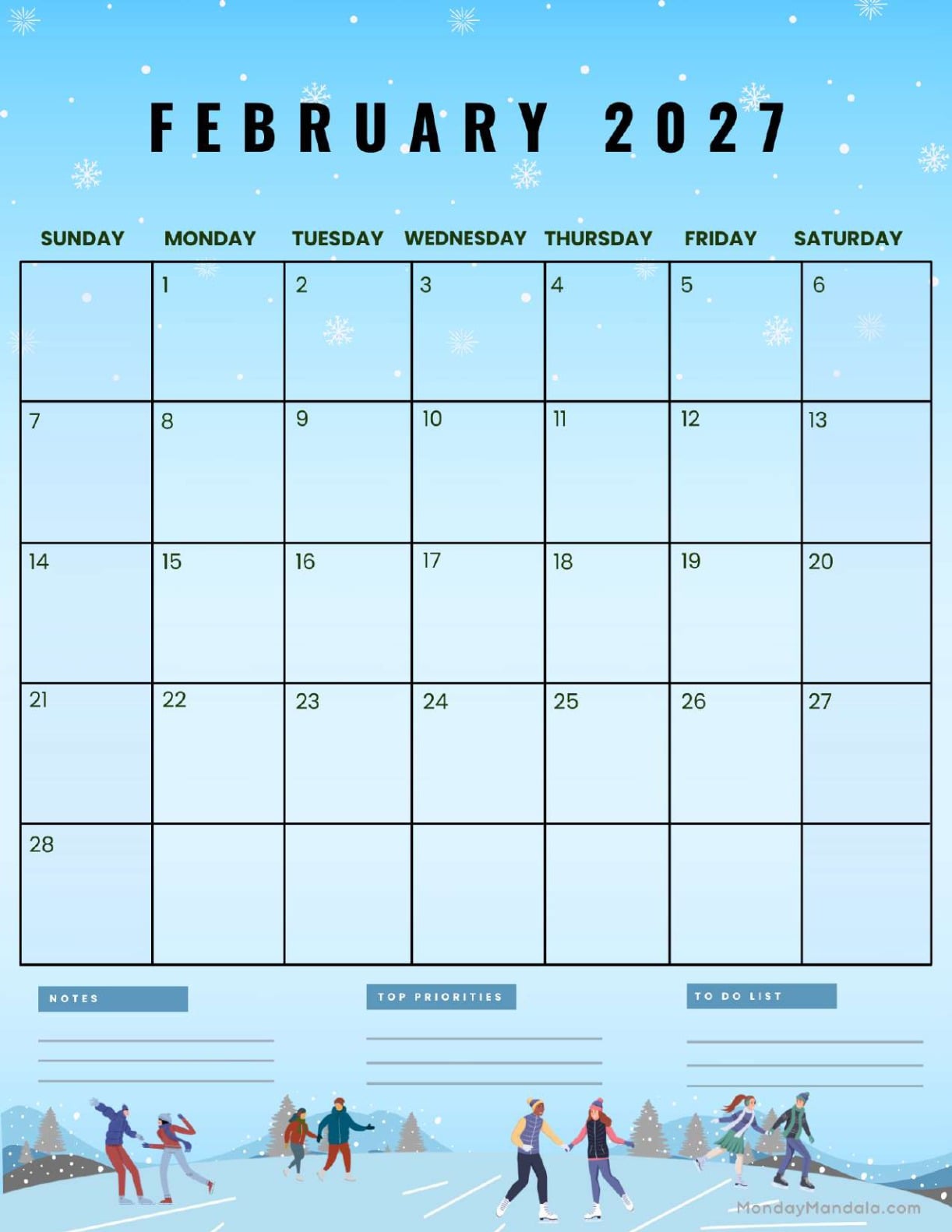 February 2027 Calendar Printable Winter Portraitv2