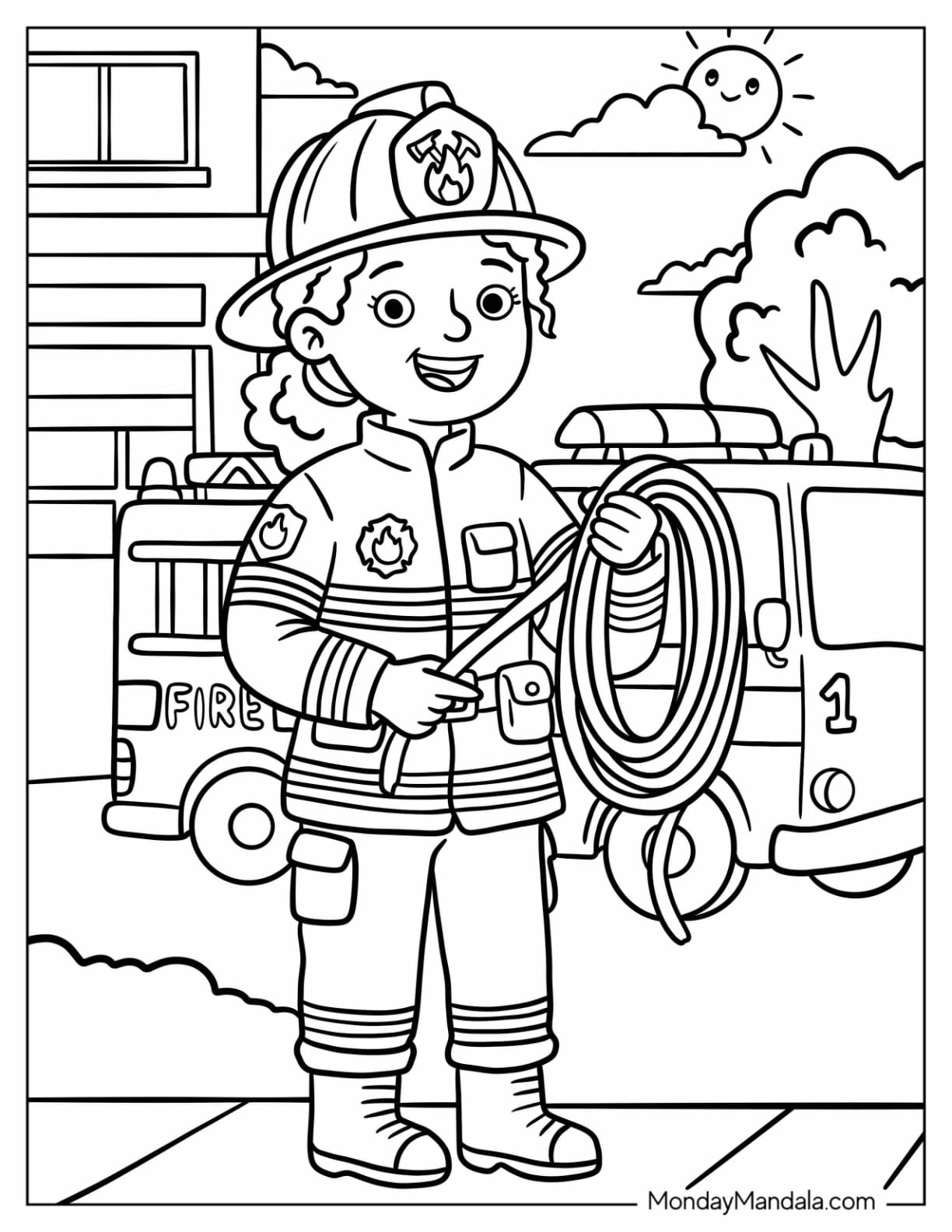 Female Firefighter Holding a Fire Hose Coloring Page for Kids