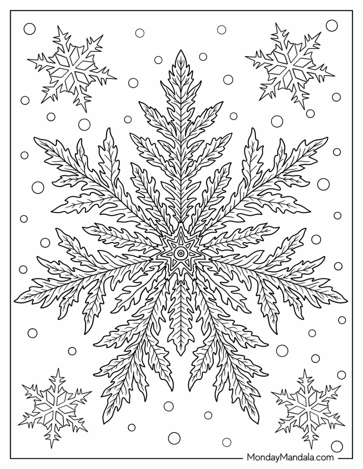 Fern Like Stellar Dendrite Snowflake Coloring Page with Radiating Arms