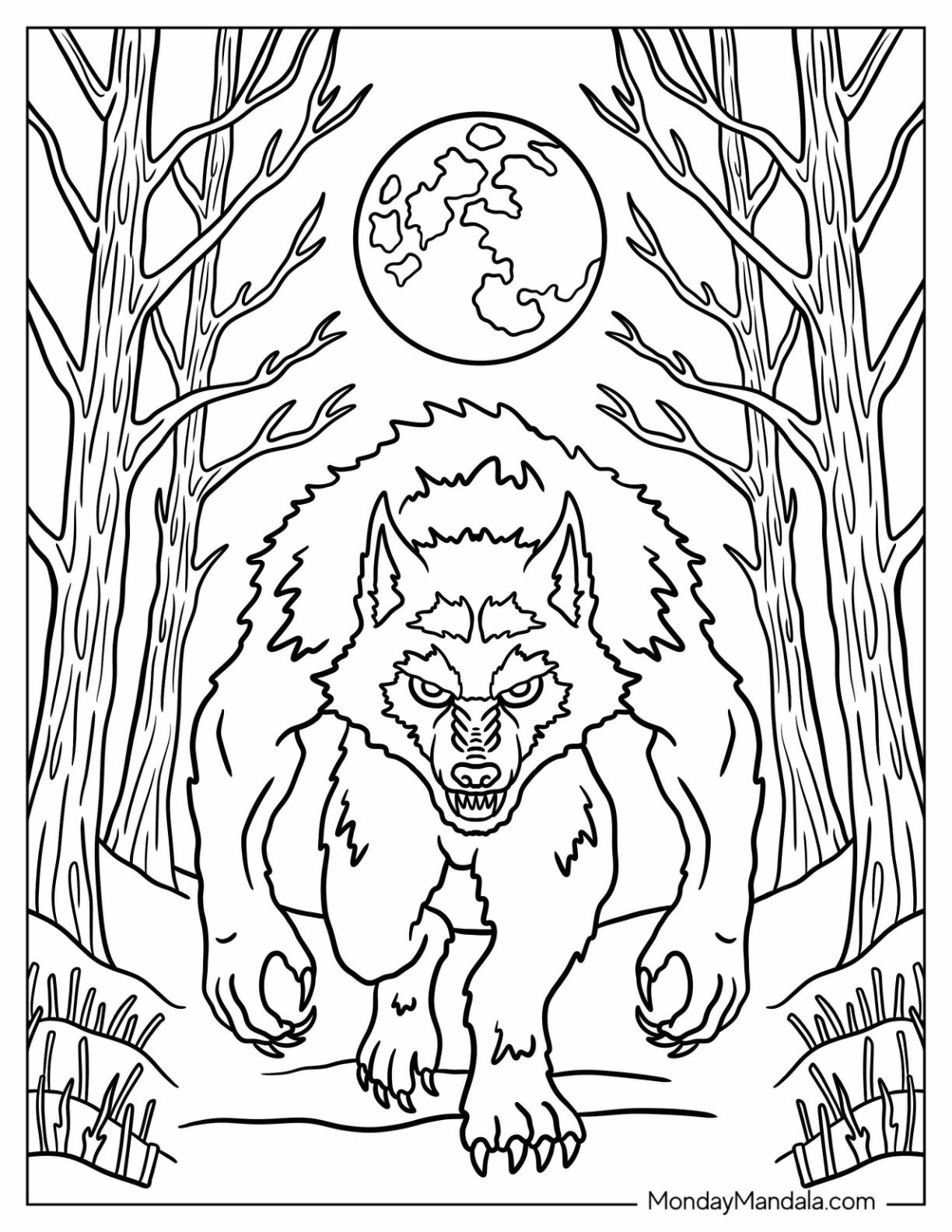 Ferocious Werewolf Under the Full Moon Horror Coloring Page