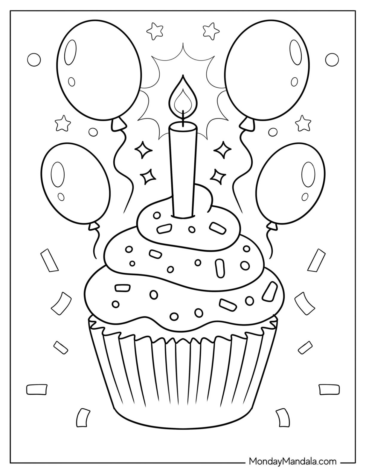 Festive Birthday Cupcake Coloring Page with Candle, Balloons, and Confetti for Kids
