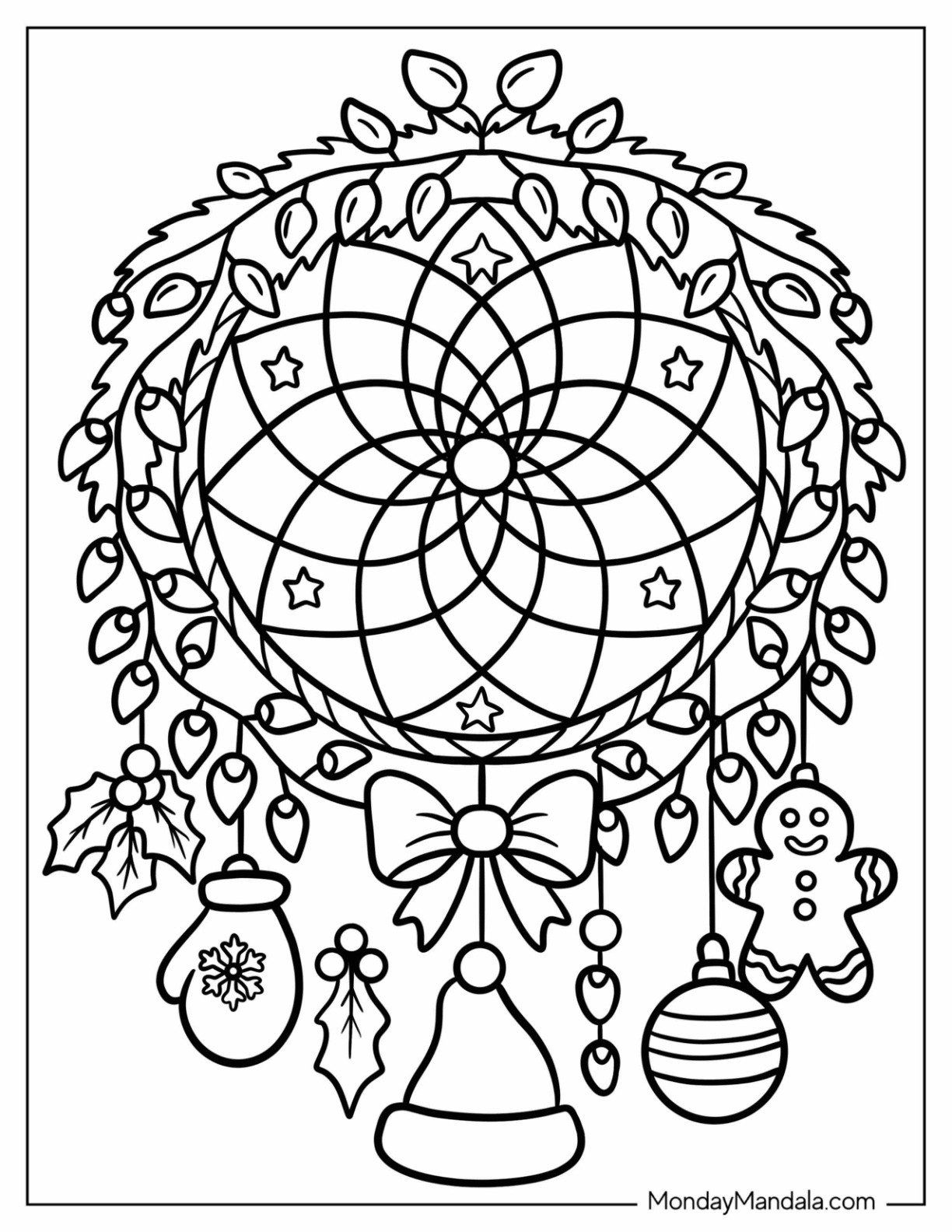 Festive Christmas Lights Coloring Page Mandala with Hollies, Baubles, Santa Hat, and Gingerbread Man