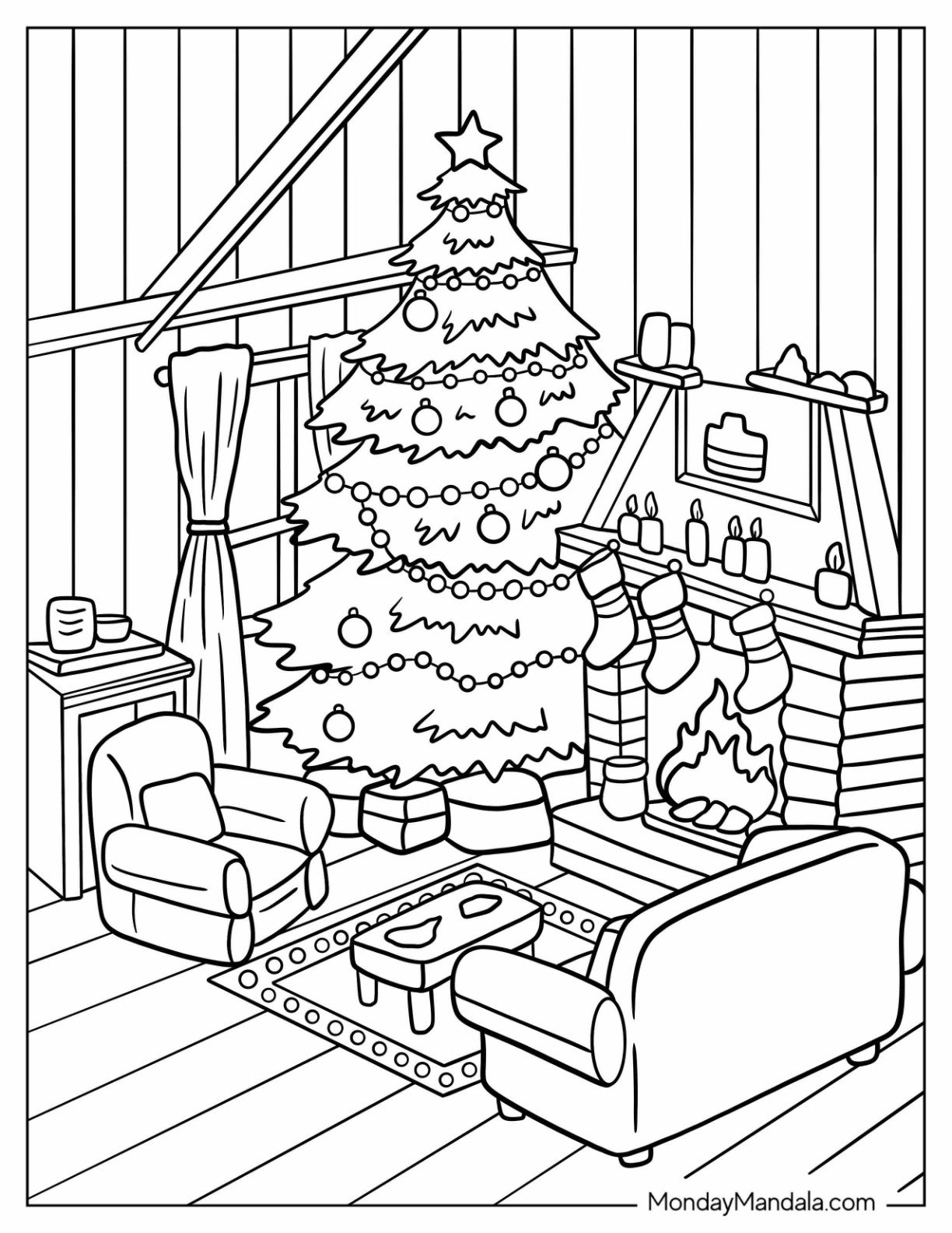 Festive Christmas Themed Living Room With Fireplace Coloring Page