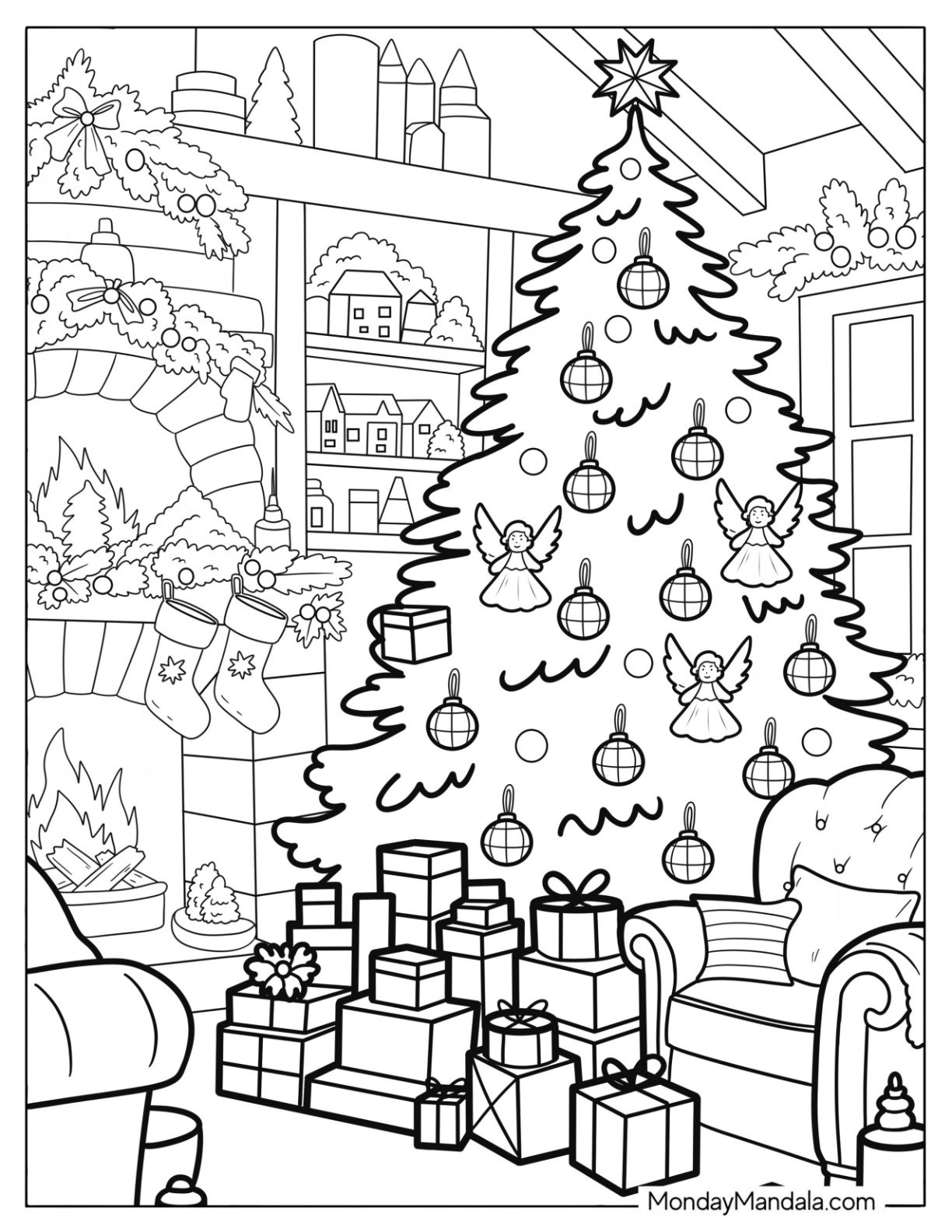 Festive Christmas Tree Coloring Page Next to the Fireplace and Armchairs