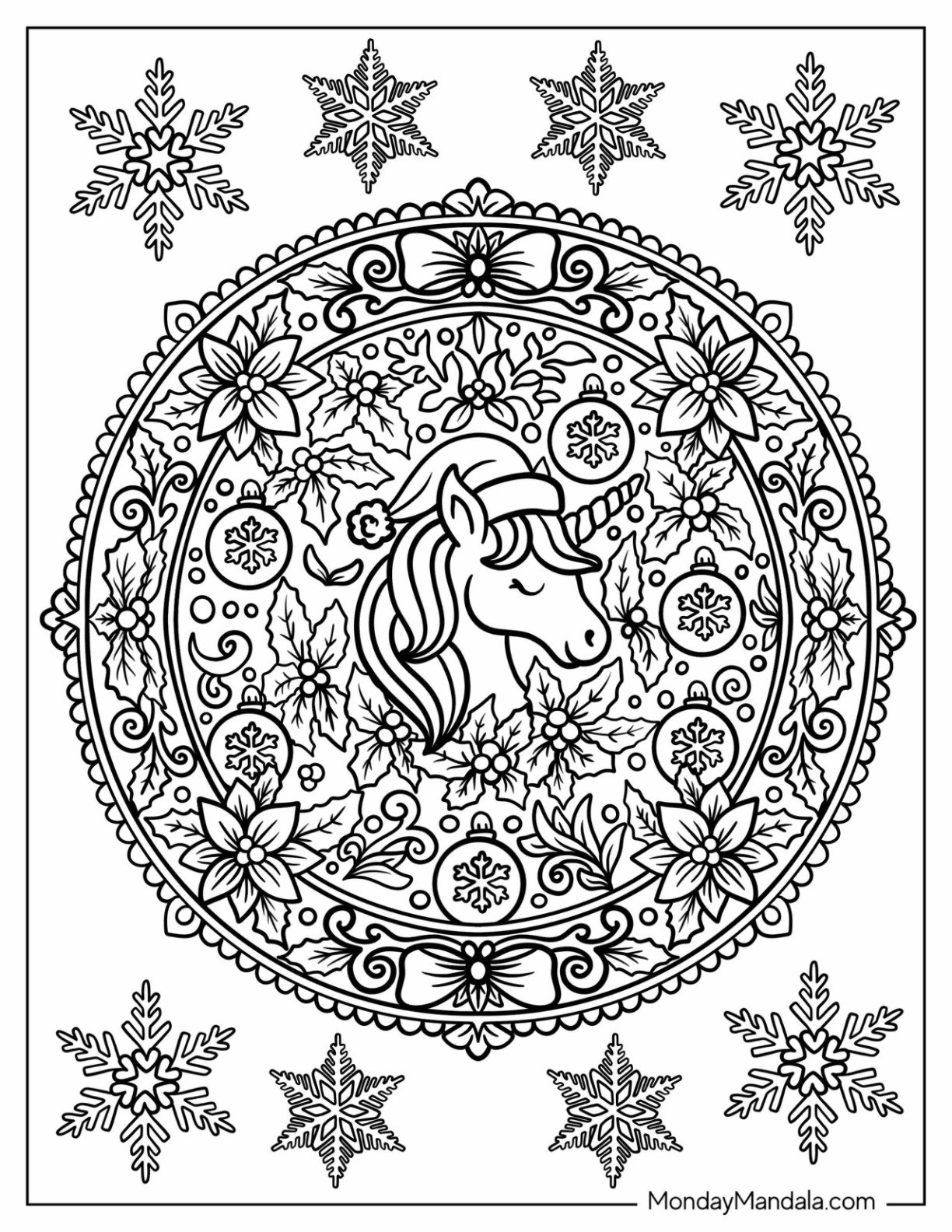 Festive Christmas Unicorn Coloring Page Mandala with Snowflakes