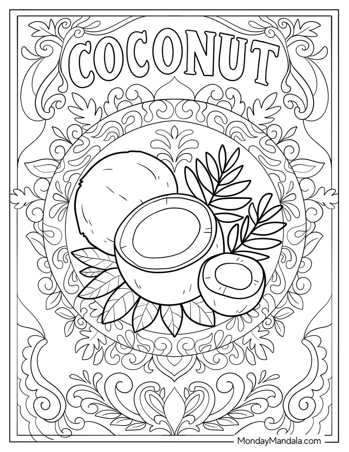 Festive Coconuts with Leaves Inside Intricate Mandala