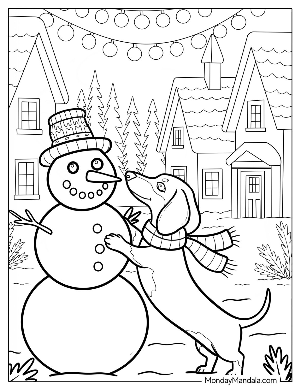 Festive Dachshund Playing with Snowman in Holiday Village Coloring Page