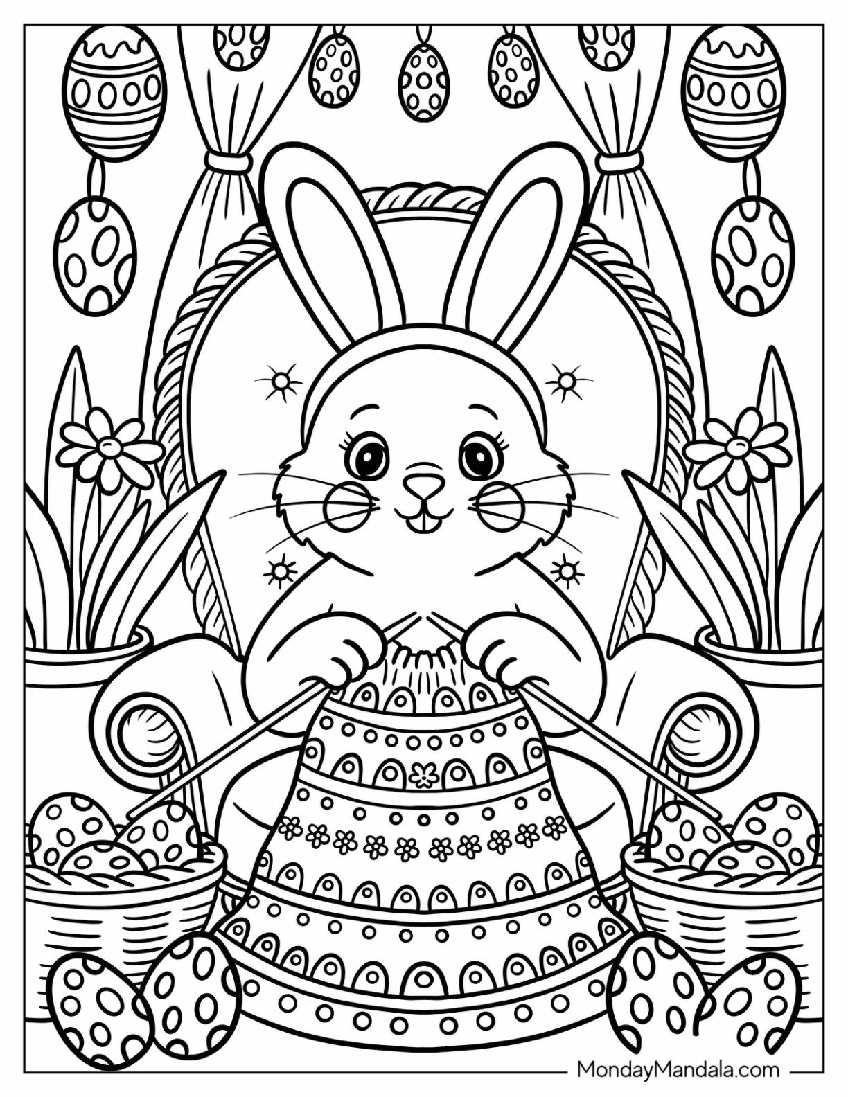 Festive Easter Bunny Coloring Page Knitting in a Chair with Baskets of Eggs